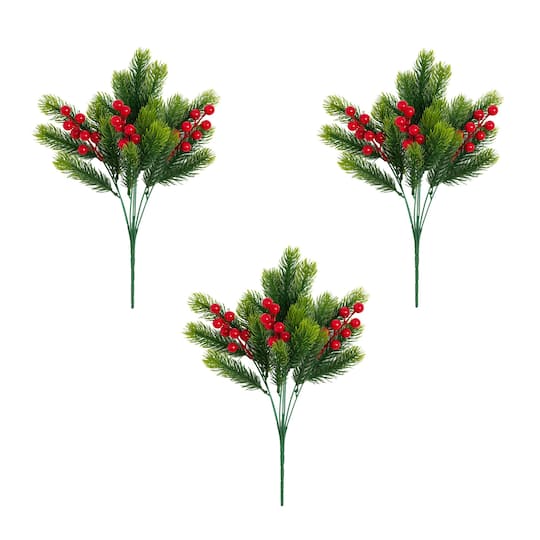 Nearly Natural 15" Pine & Berries UV Resistant Artificial Christmas Bushes, 3ct. in Green | Michaels®